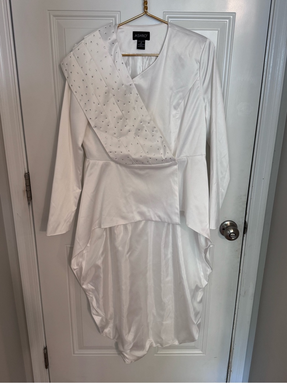 Ashro White Formal LS Top w Train Sz 12 Wedding Rhinestones Church Blouse